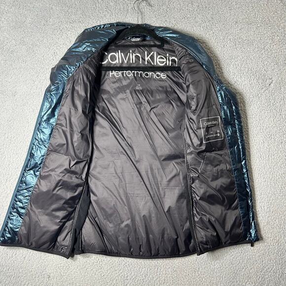Calvin Klein Vest Womens L Blue Metallic Funnel Neck Puffer Repellent Full Zip - Picture 6 of 11